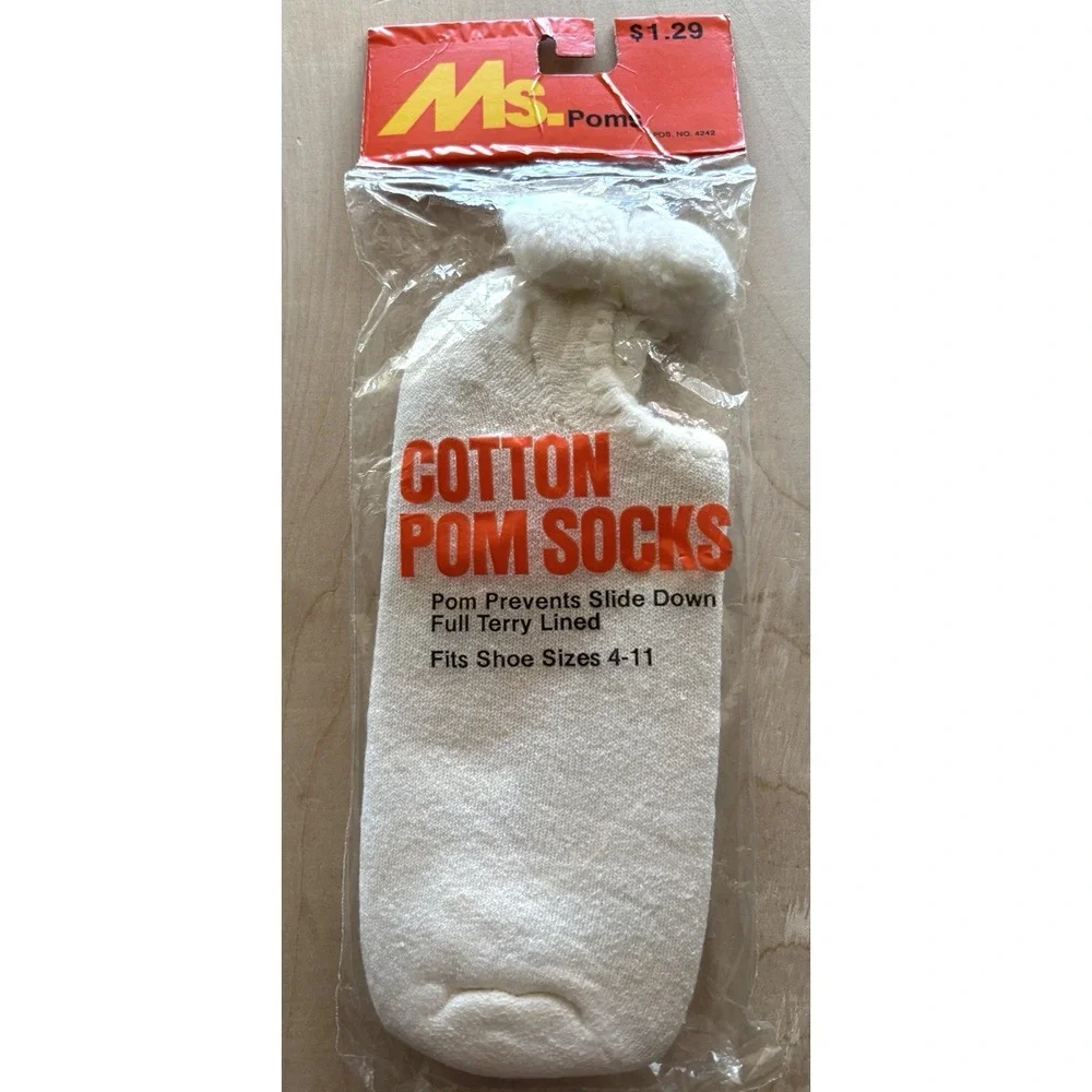 Vintage Ms. Pom Cotton Socks NIP Terry Lined 4-11 White